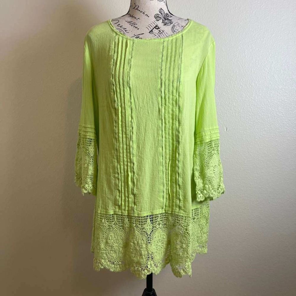 Chicos Lime Green Cotton Crochet Lace Tunic Top Pintuck 3/4 Sleeve Womens Size 2